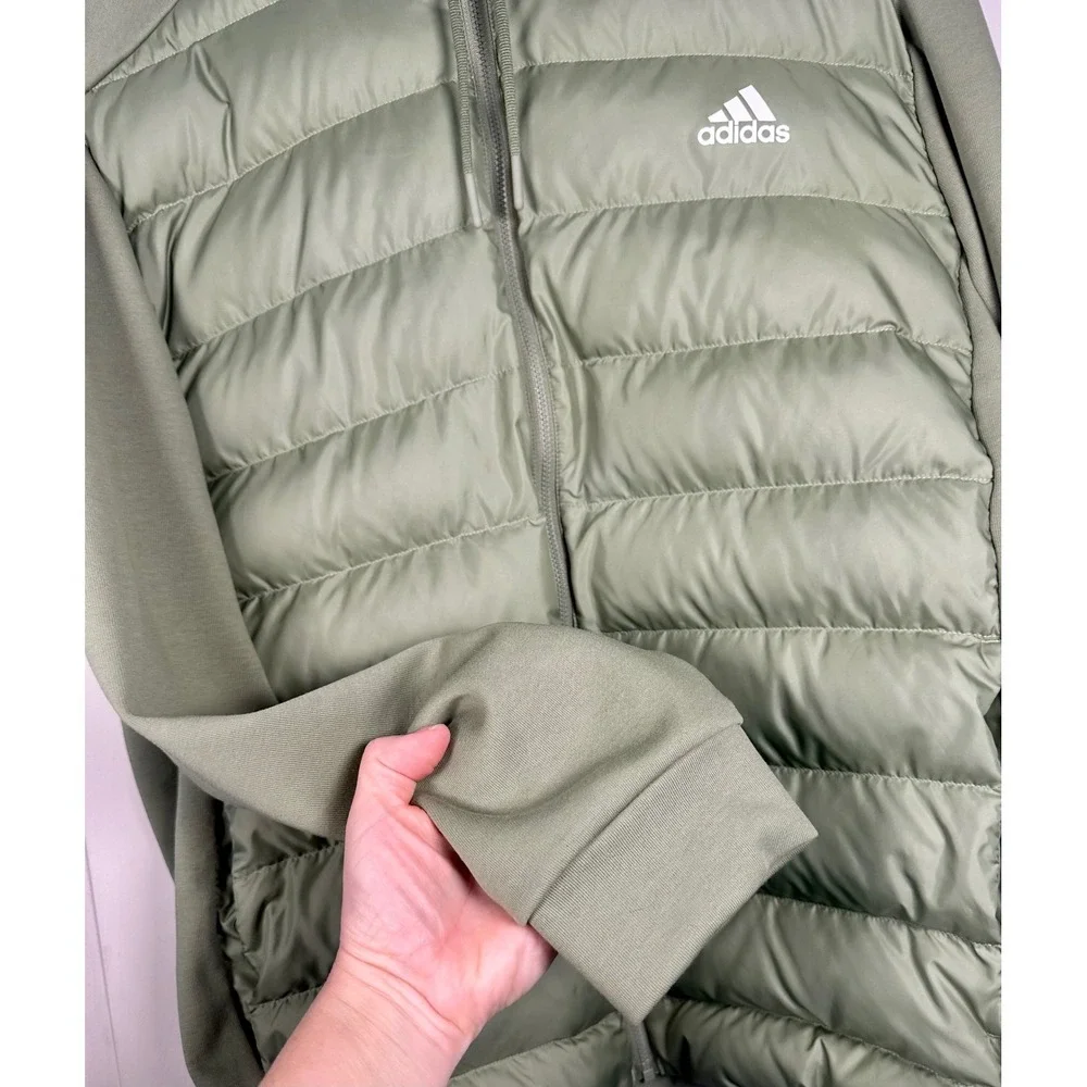 Adidas Essential Mens XL Hybrid Down Puffer Hoodie Jacket Green Full Zip Quilted